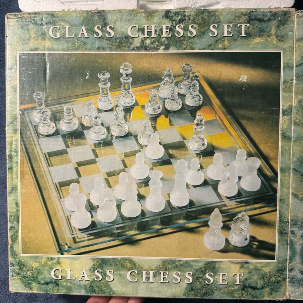 Vintage Glass Chess Set Clear and Frosted Pieces with Board